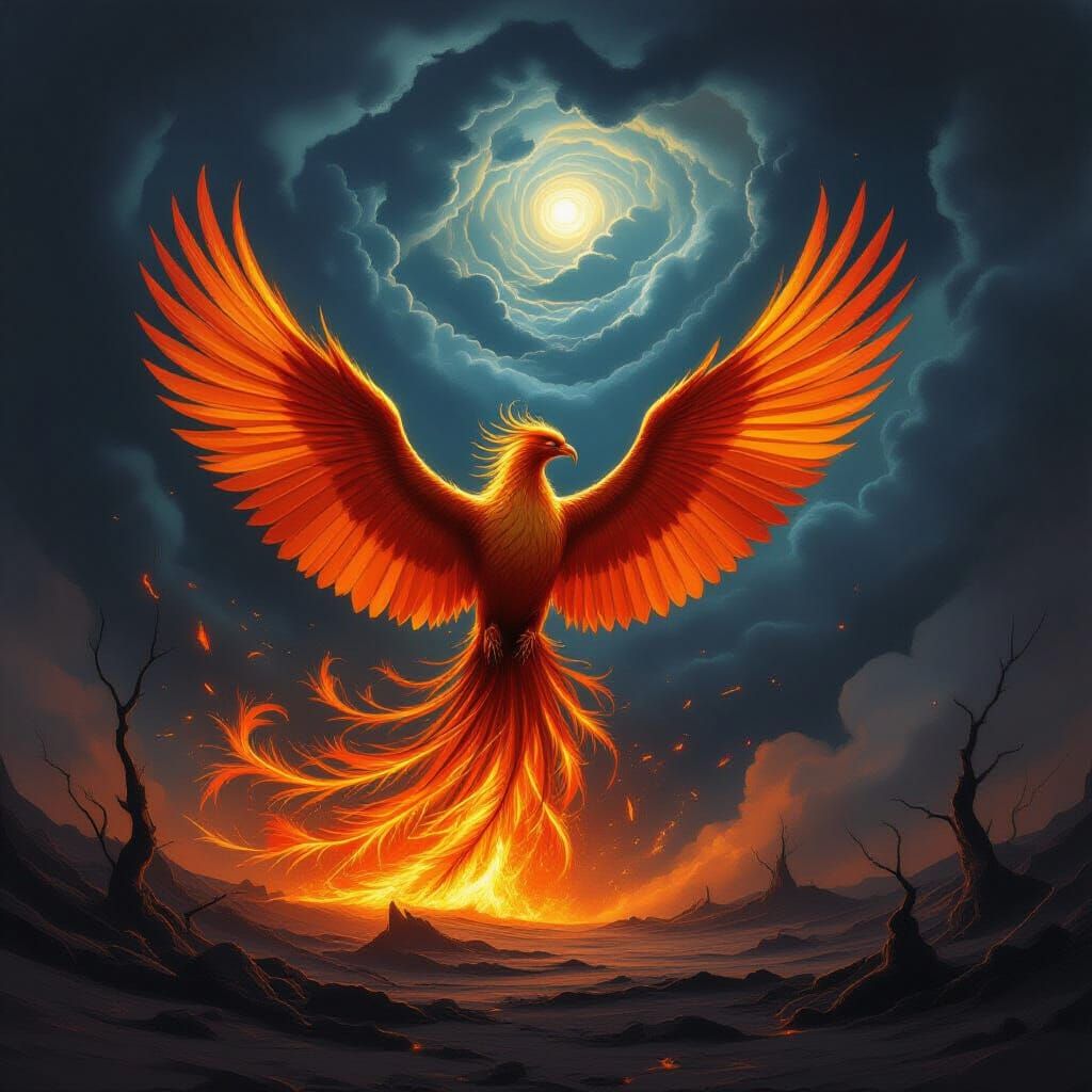 Majestic Phoenix Rises from Ash in Dramatic Oil Painting Sty...