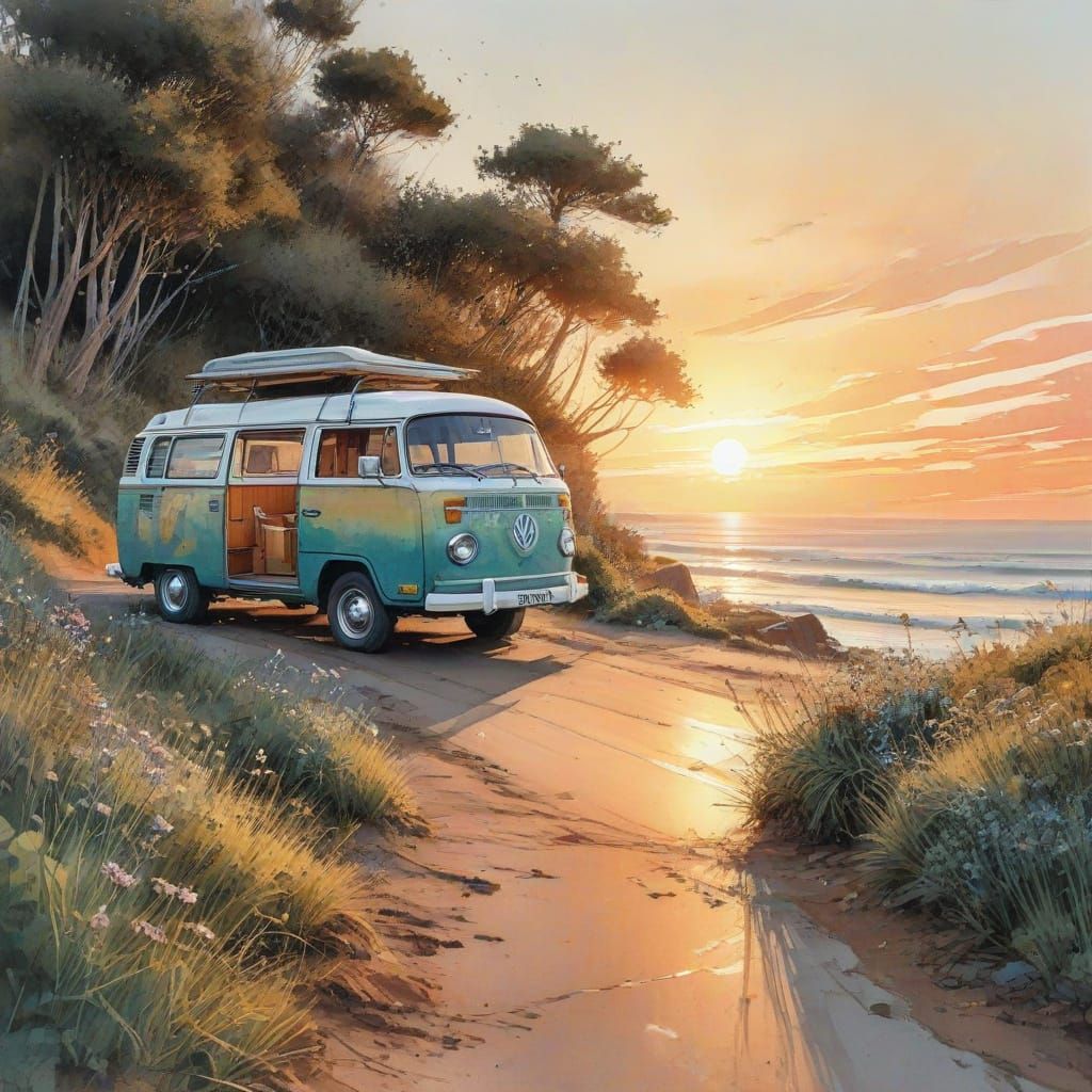Vibrant Summer Sunrise with Retro Campervan on Seaside Path