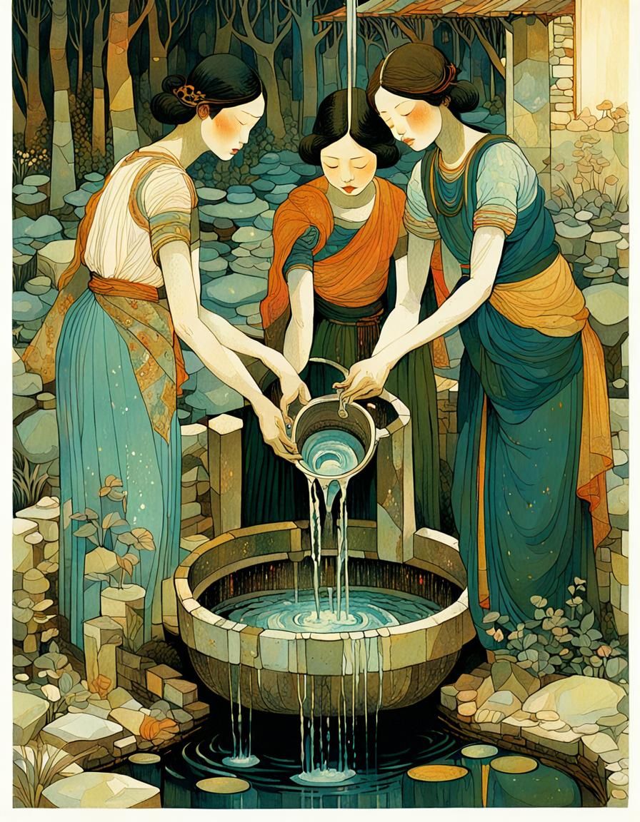Women Pouring Water into a Well, Illustration