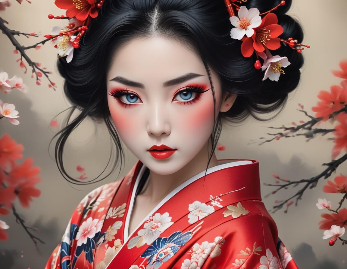 Geisha in Red Kimono, Hyperrealistic Digital Art