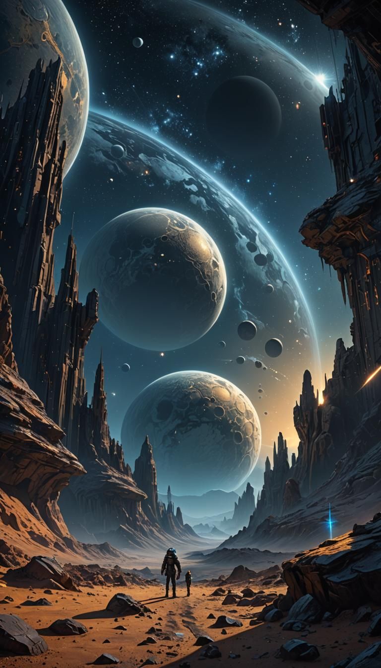 Exoplanet Night Sky with Moons and Robot Protector