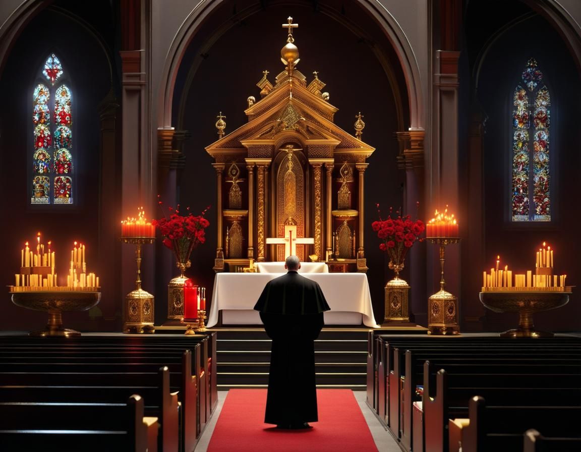 Priest at Altar with Angel and Devil
