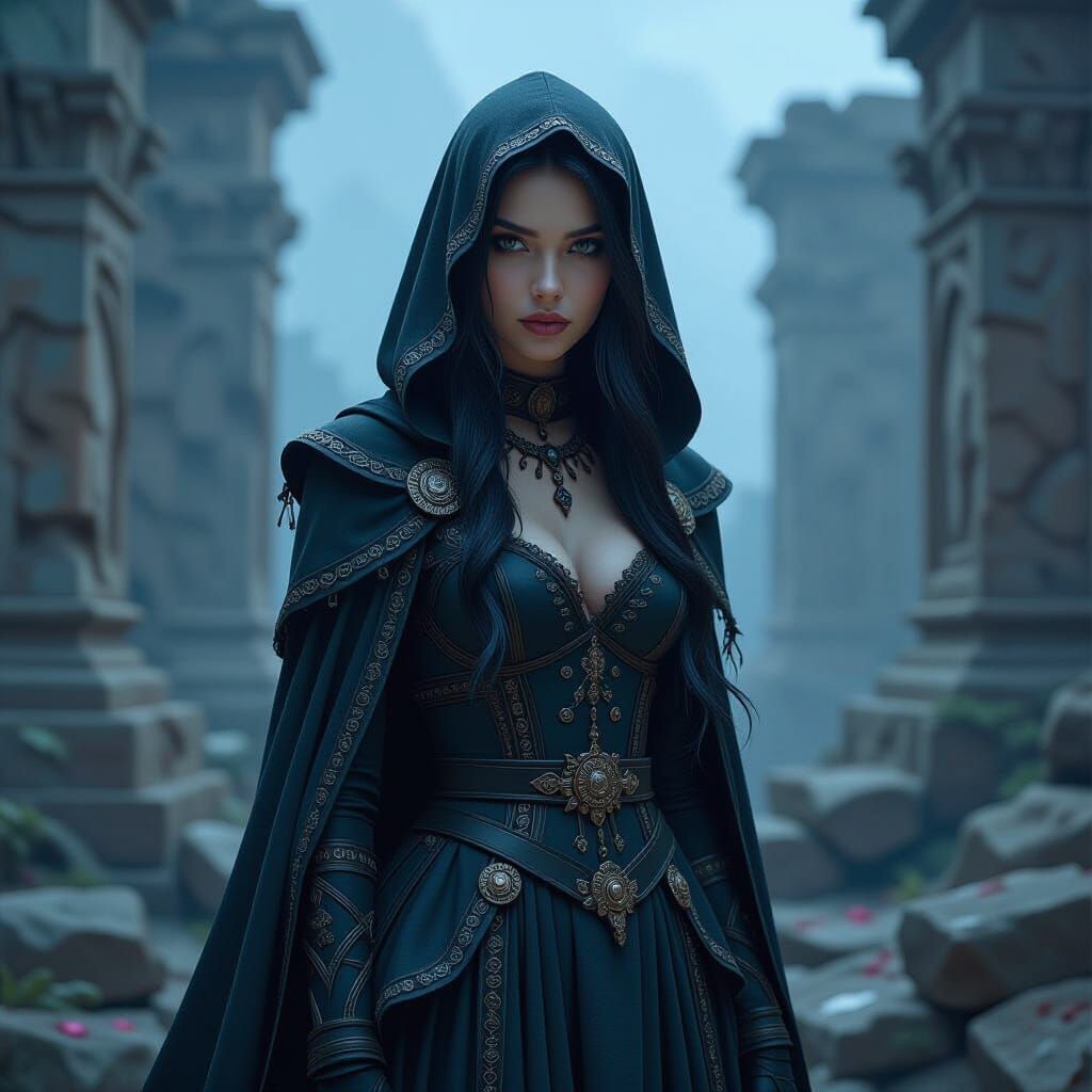 Goth Girl in Ruins: Detailed Matte Painting