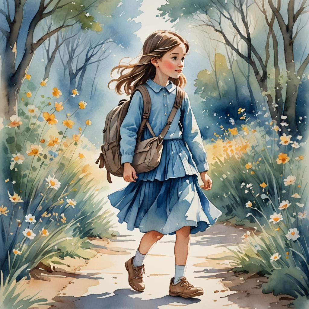 Watercolor Illustration of a Young Girl with Backpack