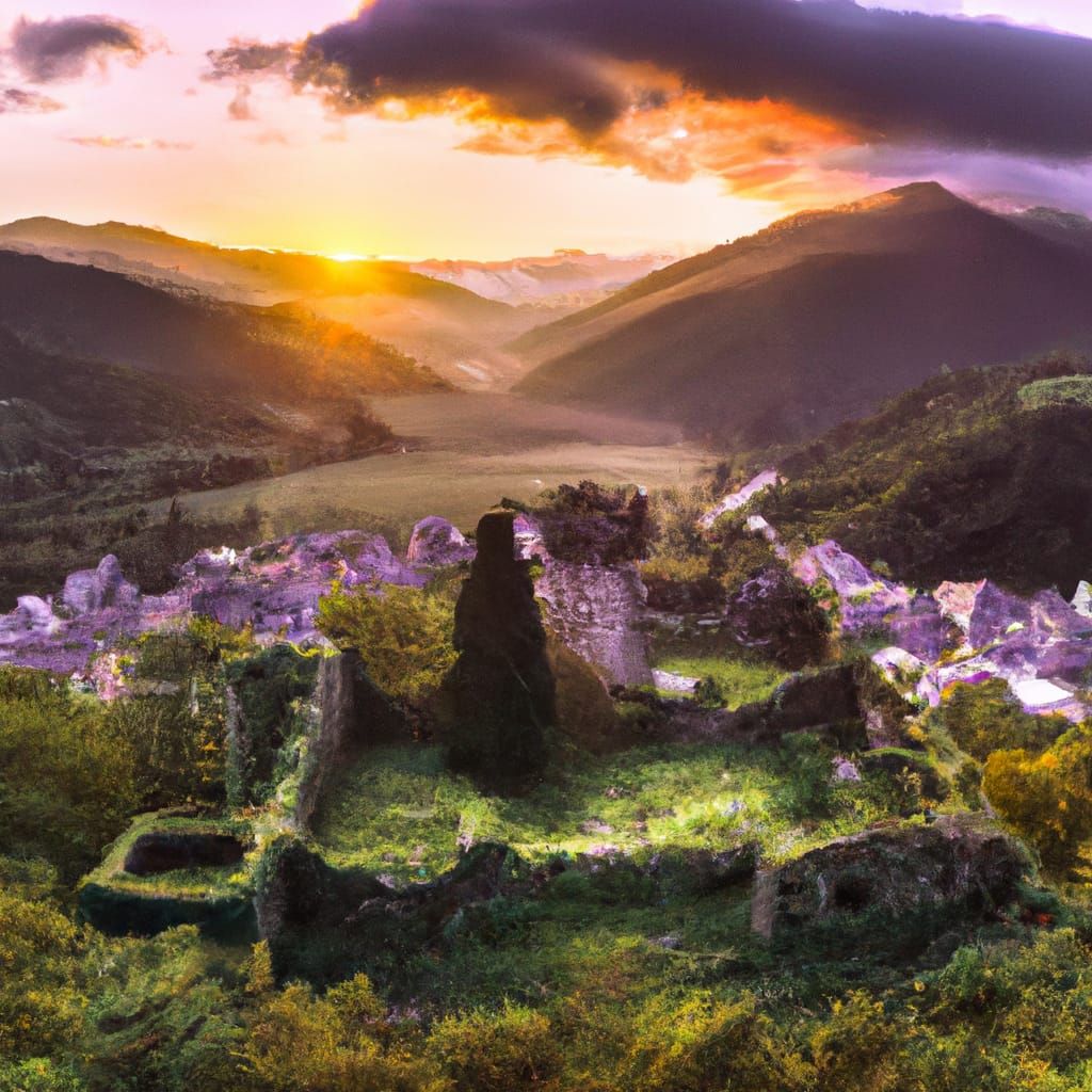 Pyrenees Mountain Town: Medieval Castle Ruins at Sunrise