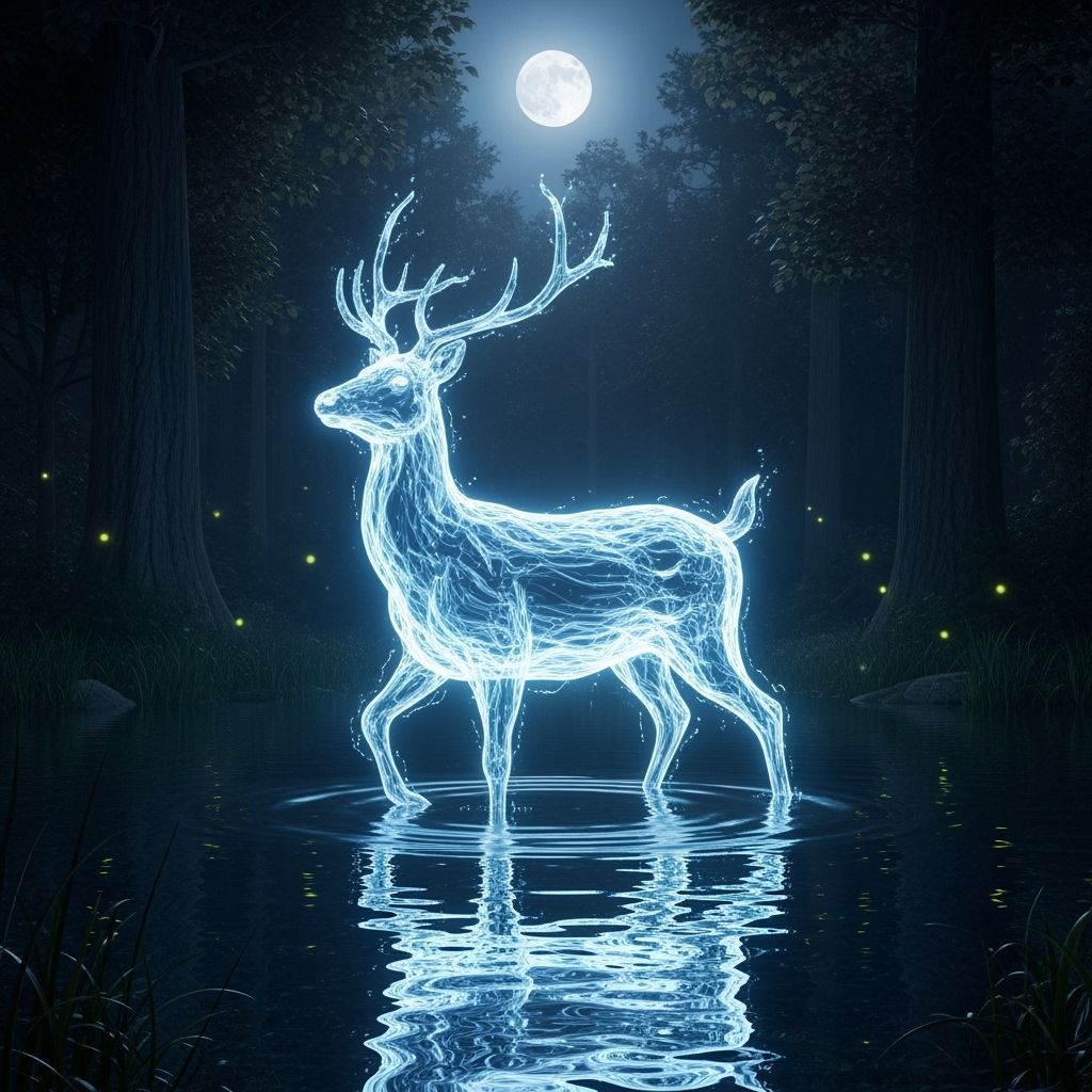 Mystical Glowing Water Deer in Forest Pond