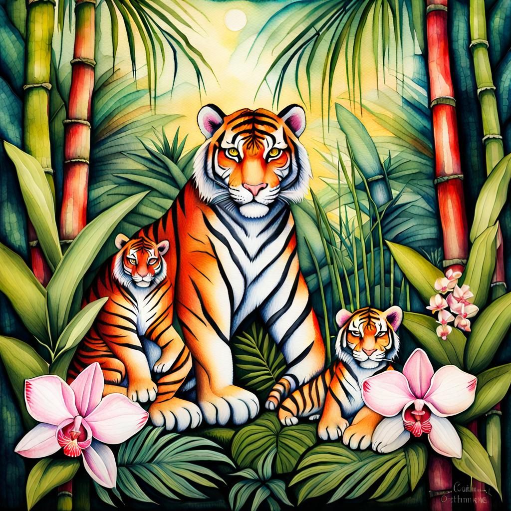 Watercolor Tiger Family in Jungle with Tropical Flowers