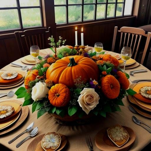 Floral Engraved Pumpkins on Autumn Dining Table