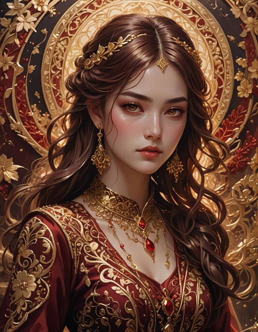 Anime Woman in Red Dress with Gold Embroidery