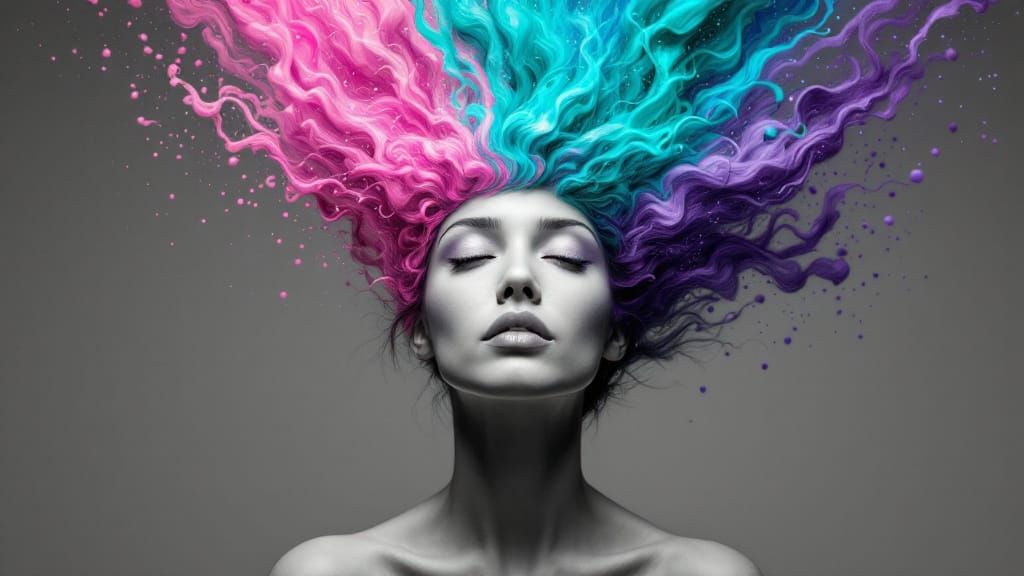 Monochrome Portrait With Vivid Hair Streams