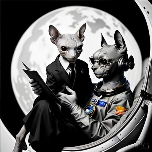 Elegant Sphynx Cat with Astronaut in Vintage Photo