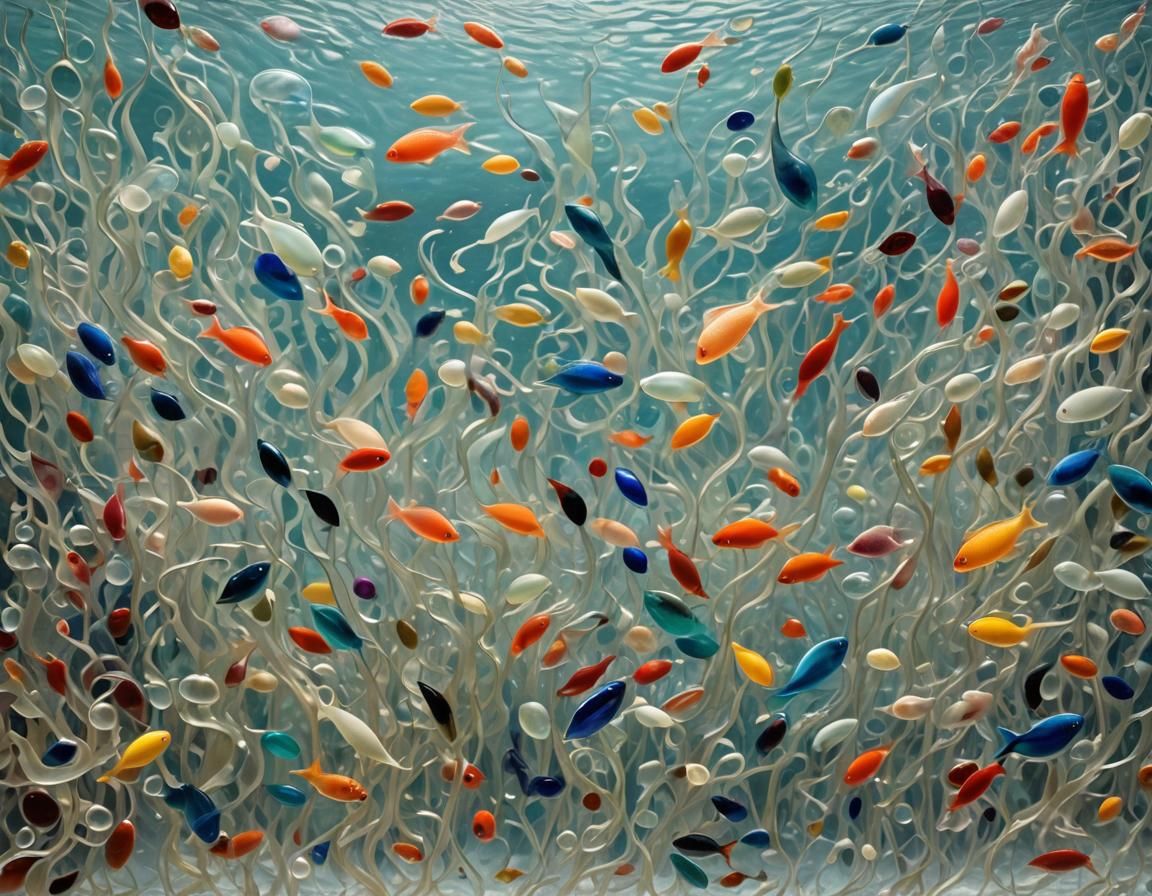 Ethereal Liquid Glass Sea Creatures in Bioluminescent Ocean