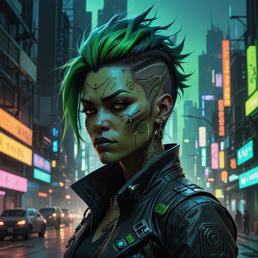 Cyberpunk Female Ork in Futuristic Noir Style