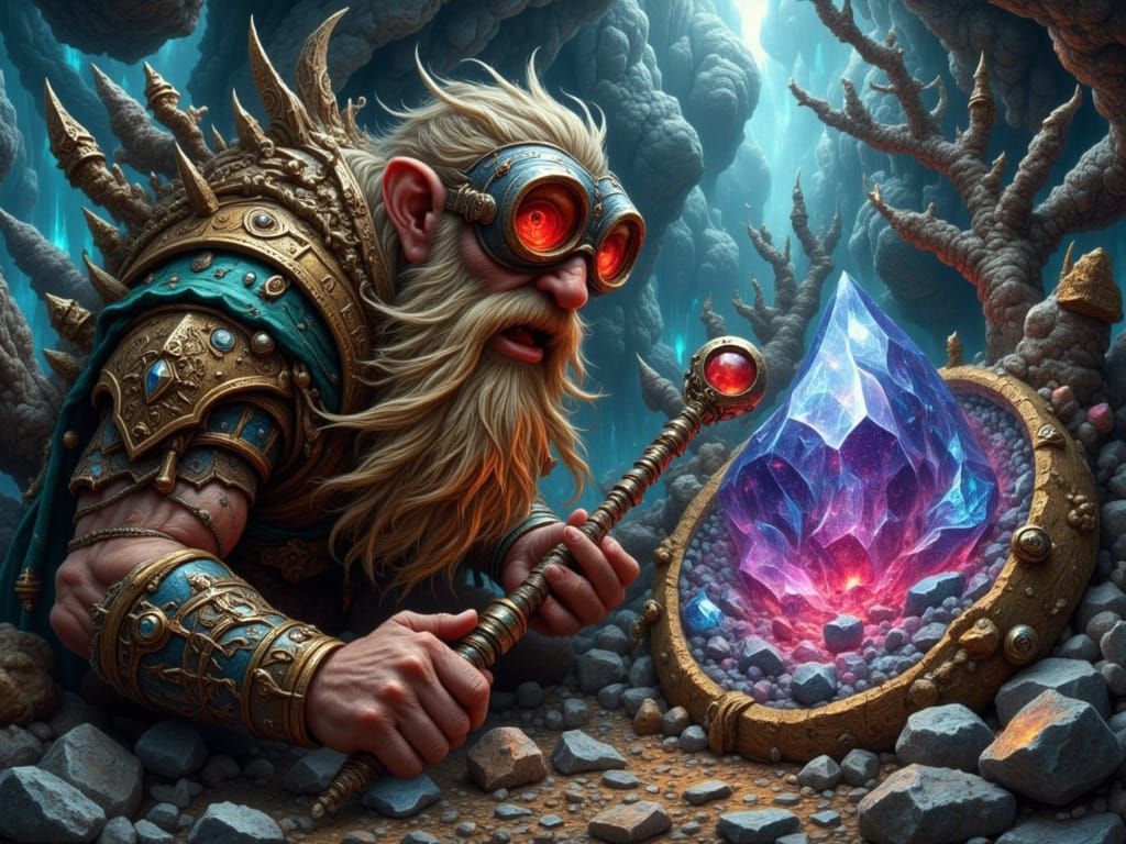 Fantasy Dwarf Inspects Glowing Gemstone with Magnifying Gogg...