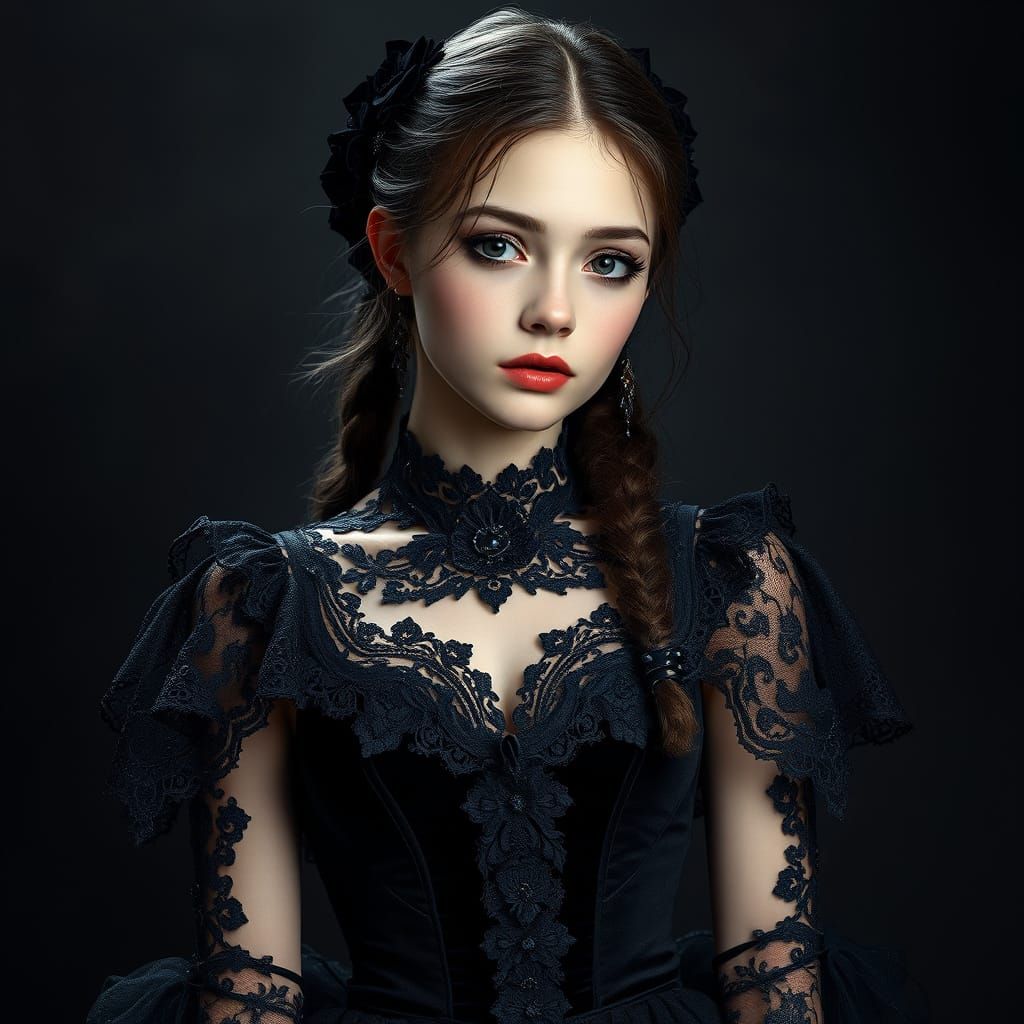 Gothic Girl Portrait in Dark Romantic Art Nouveau Style