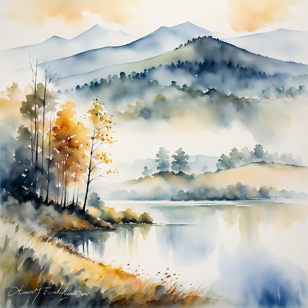 Serene Watercolor Landscape with Misty Mountains