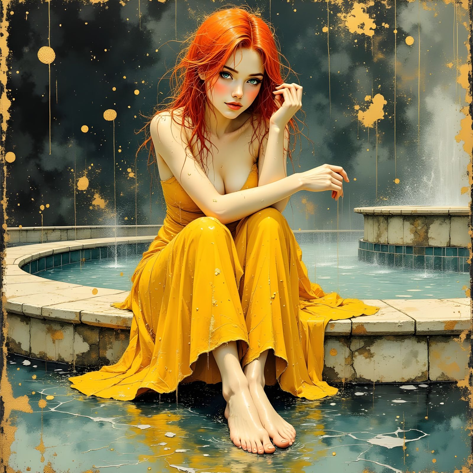 Norse Goddess at Fountain, Oil Painting Style