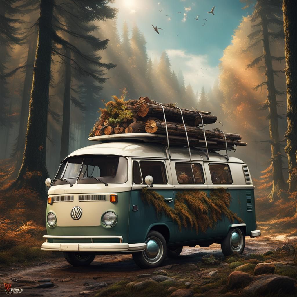 VW T2 Van Driving Through Woods: Matte Painting