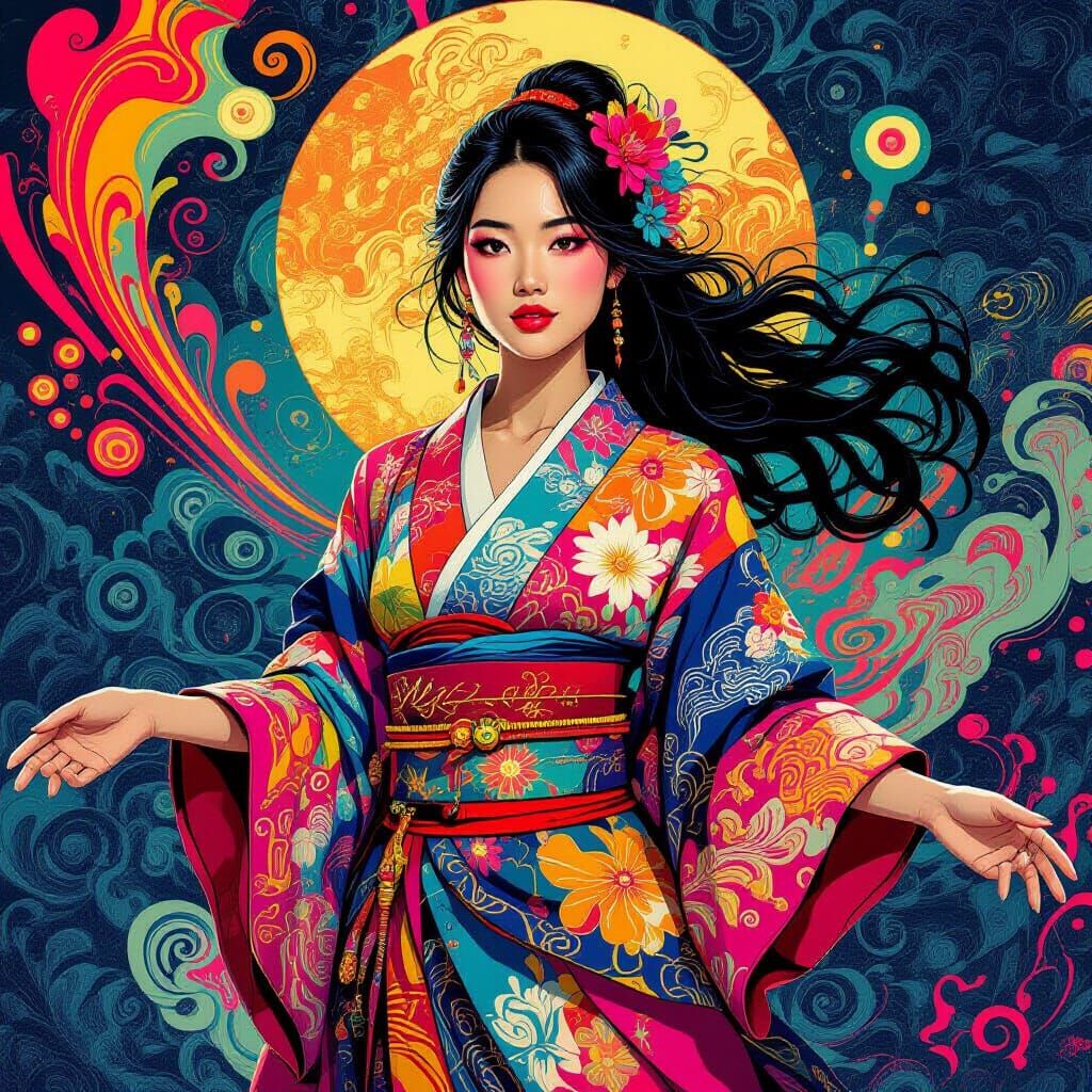 Psychedelic Portrait of Asian Woman in Neon Colors