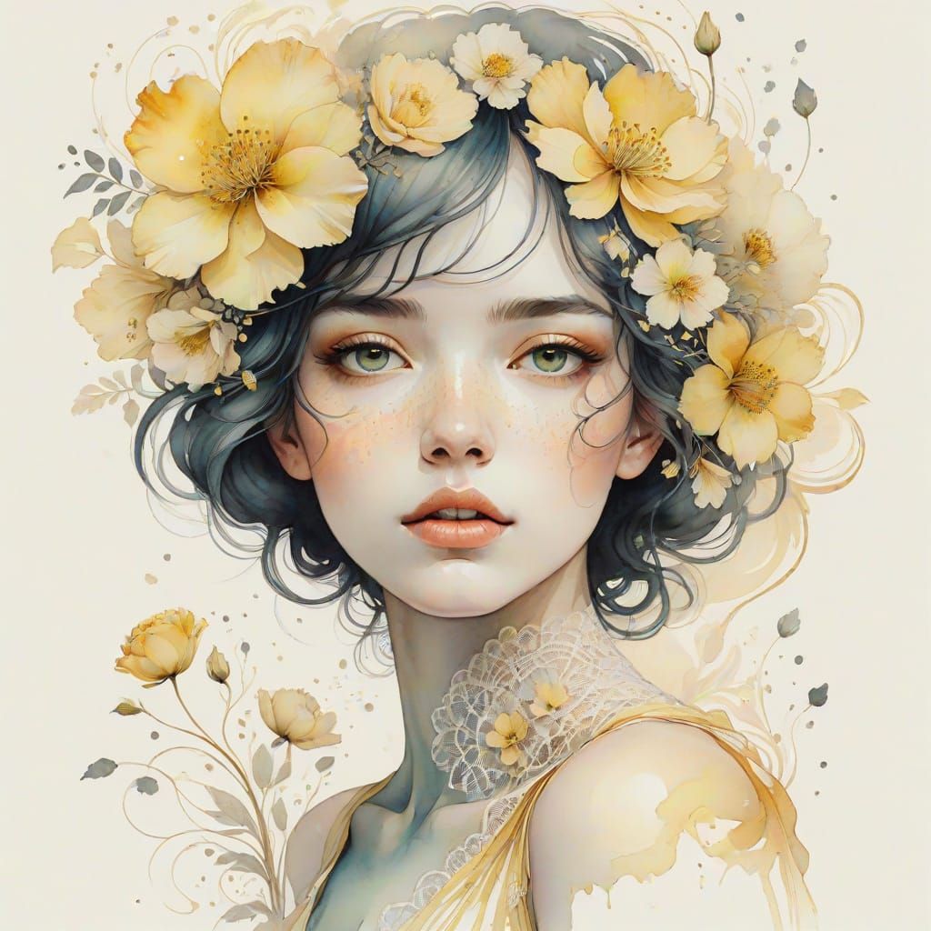 Romantic Art Nouveau-Inspired Flower Portrait with Intricate...