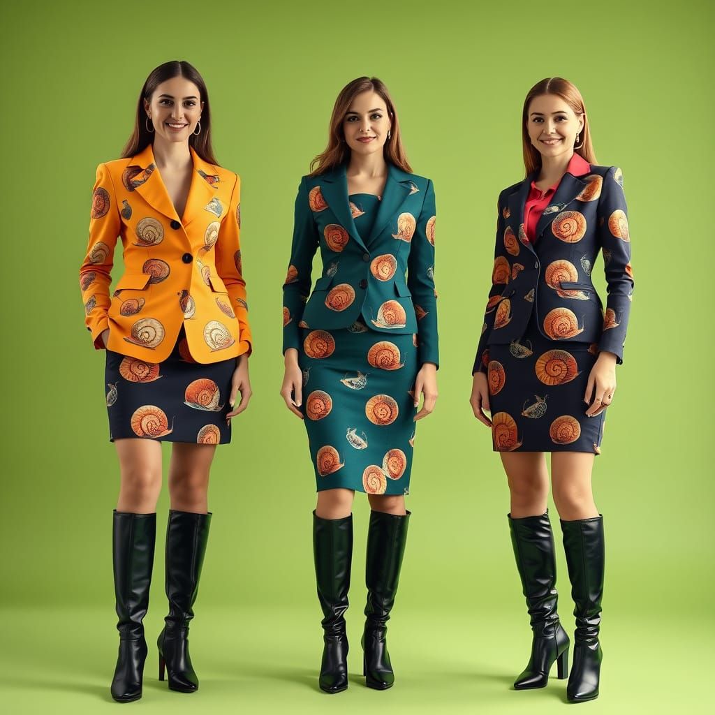 Businesswomen in Vibrant Snail Patterned Blazers and Dresses...