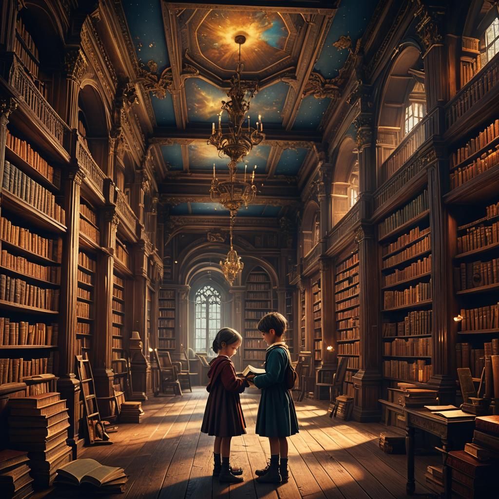 Child Reading in Neglected Library: Fantasy Art