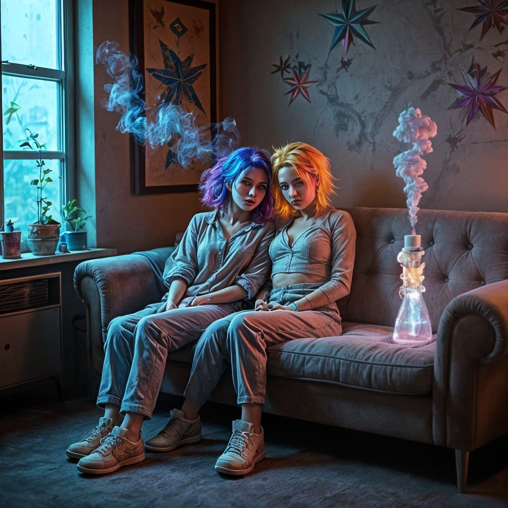 Futuristic Duo Relaxing in Neon-Lit Apartment