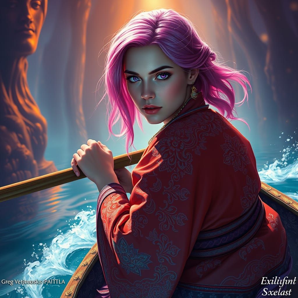 Mystical Underworld Goddess Rows Boat Through Dreamlike Wate...