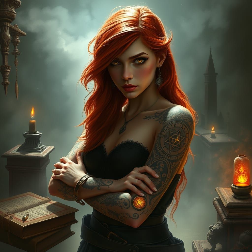 Dark Fantasy Maiden Conjures Necromancy with Glowing Rune Ta...
