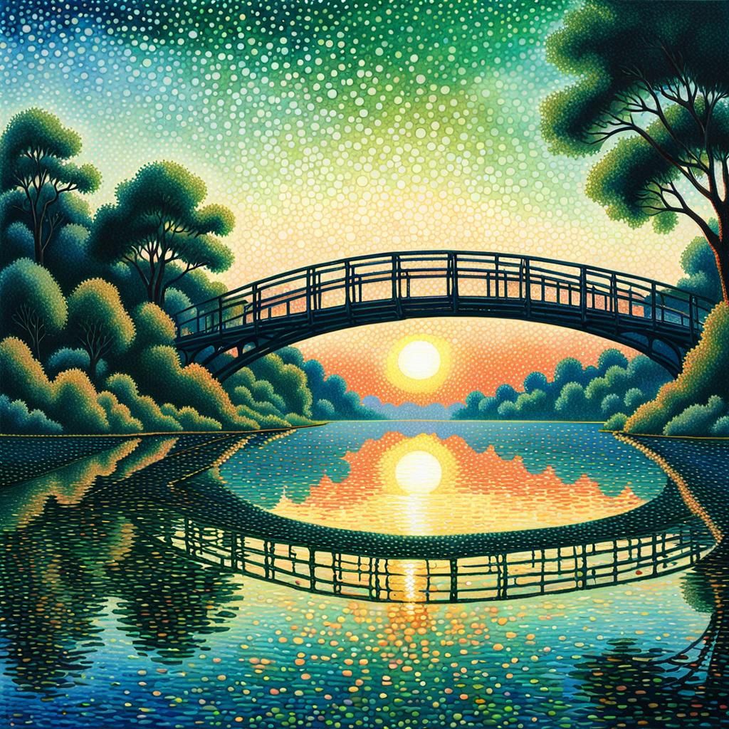 Pointillist Sunset Over Lake as Neo-Impressionism