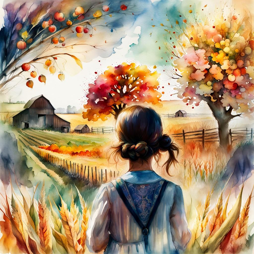 Fall Harvest Double Exposure in Watercolor Style