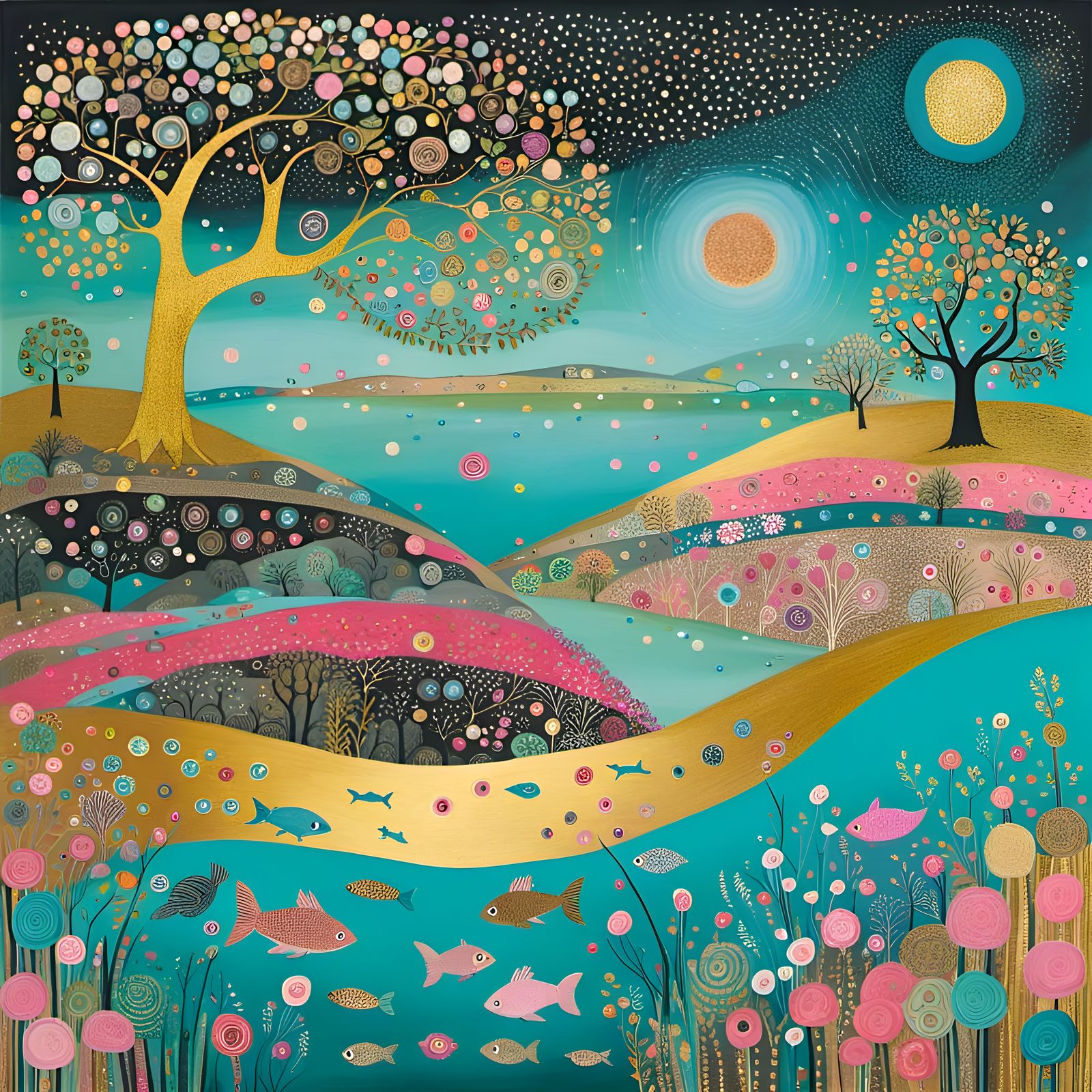 Glittering Art Brut Landscape with Ancient Tree