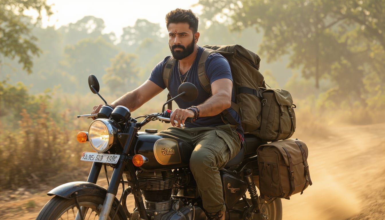 South Indian Man on Motorcycle in Hyperrealistic Style