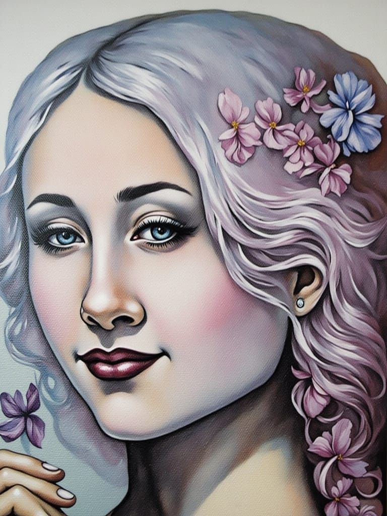 Lady with Violets in Sun-Dappled Garden