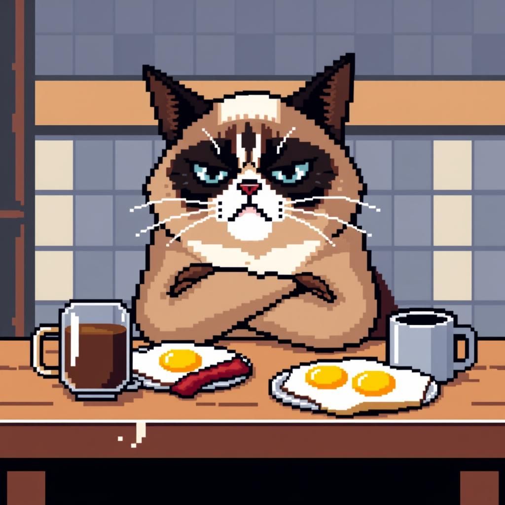 Grumpy Cat Pixel Art Breakfast Scene