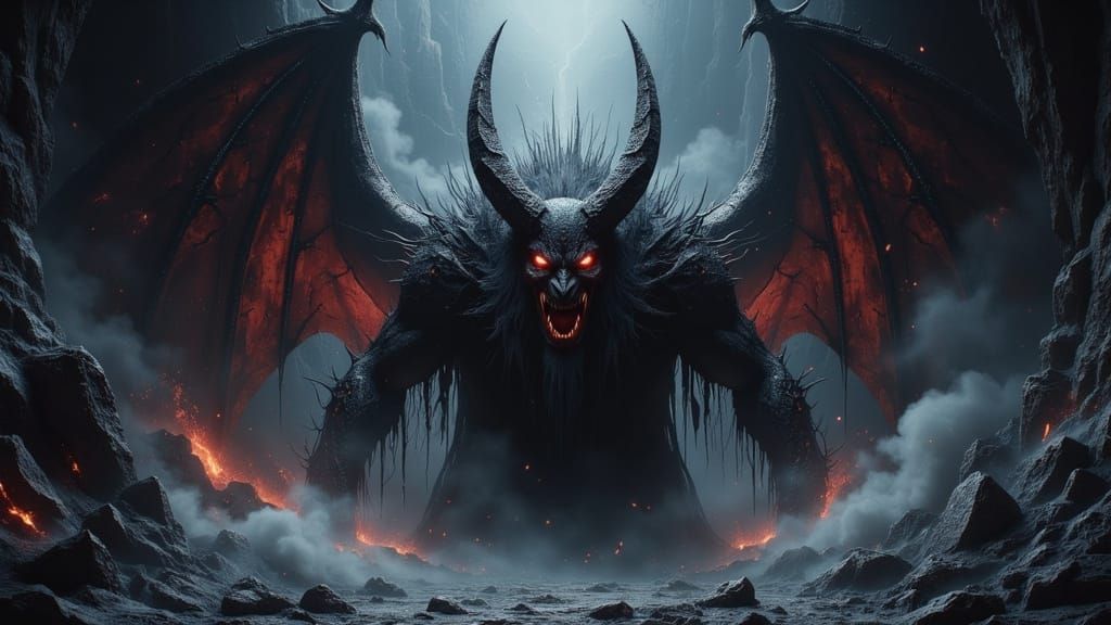 Colossal Horned Demon in Dark Oil Paint Style