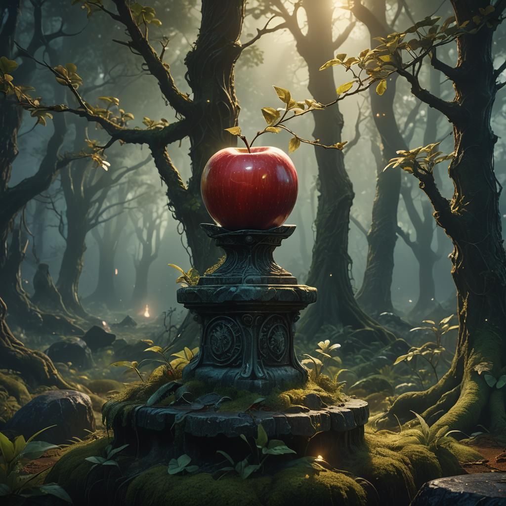 Glowing Apple on Mystical Pedestal in Forest