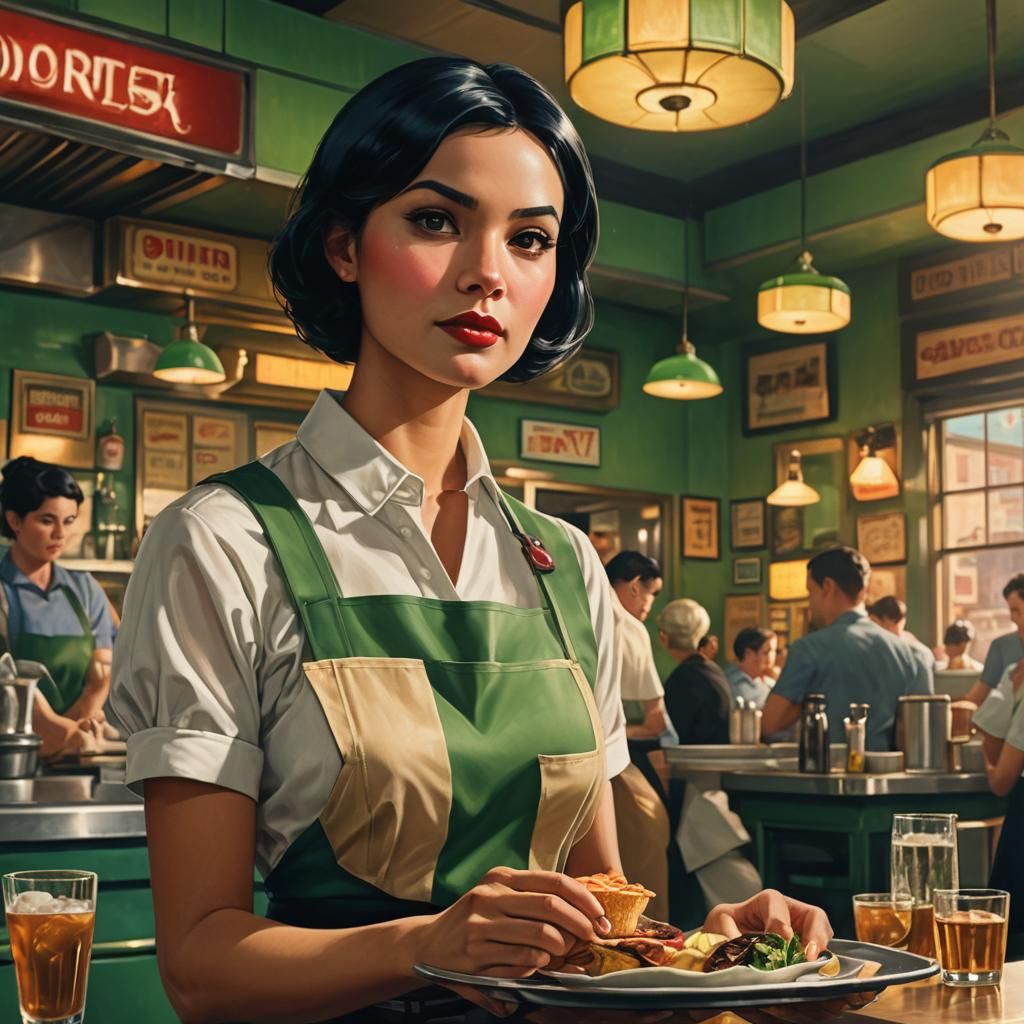 Striking Waitress in Diner, Lawrence Alma-Tadema Style