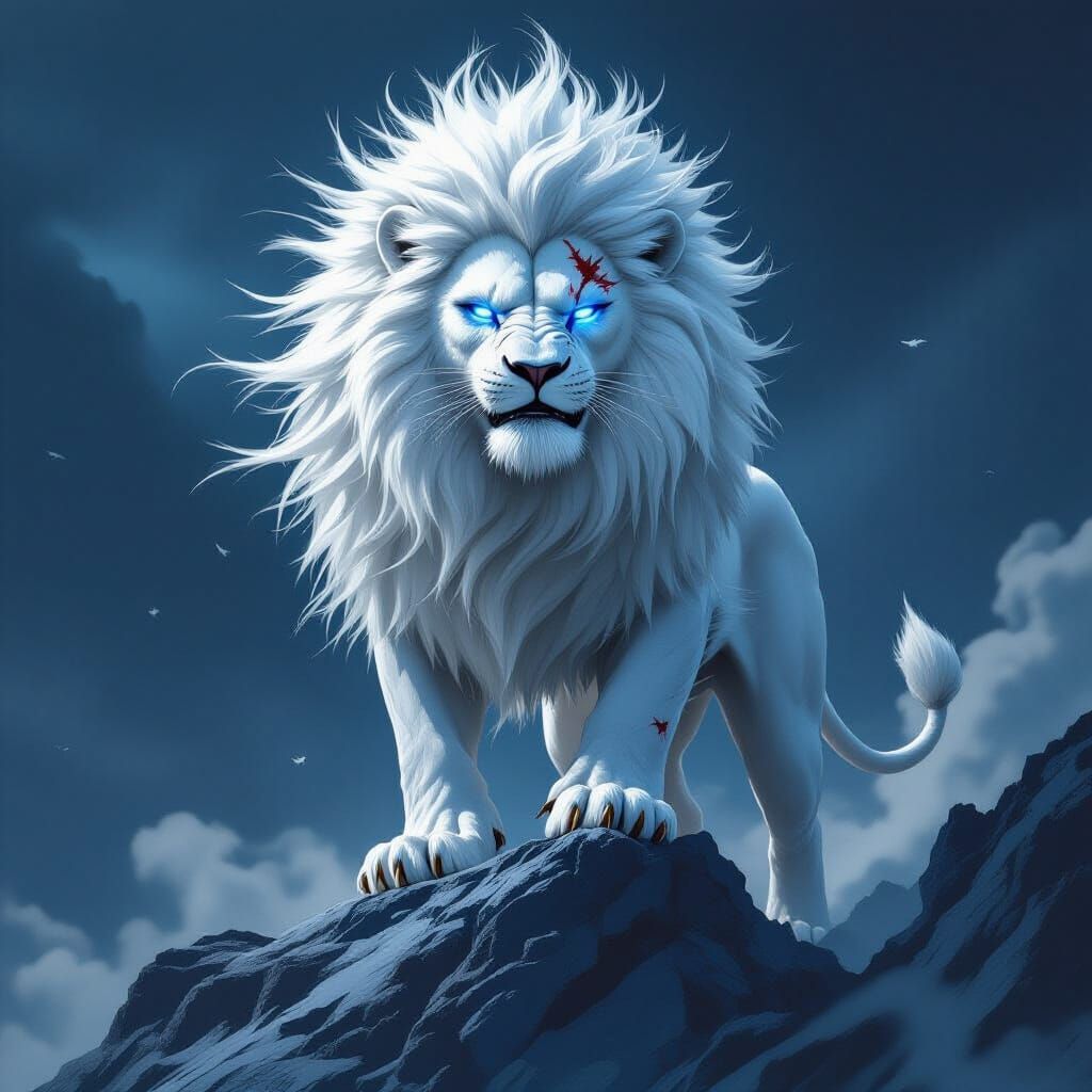 Colossal White Lion with Blue Eyes on Mountain