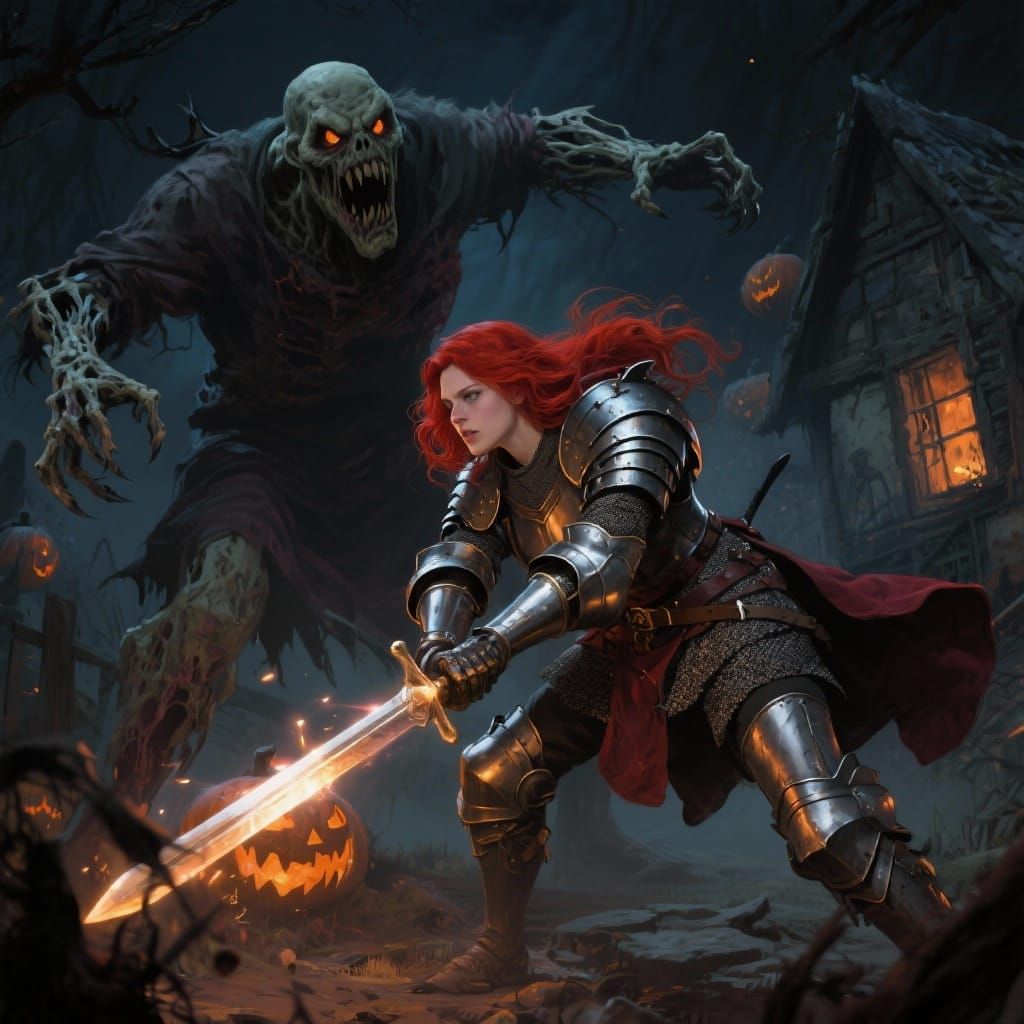 Knight Battles Undead Giant on Halloween Night