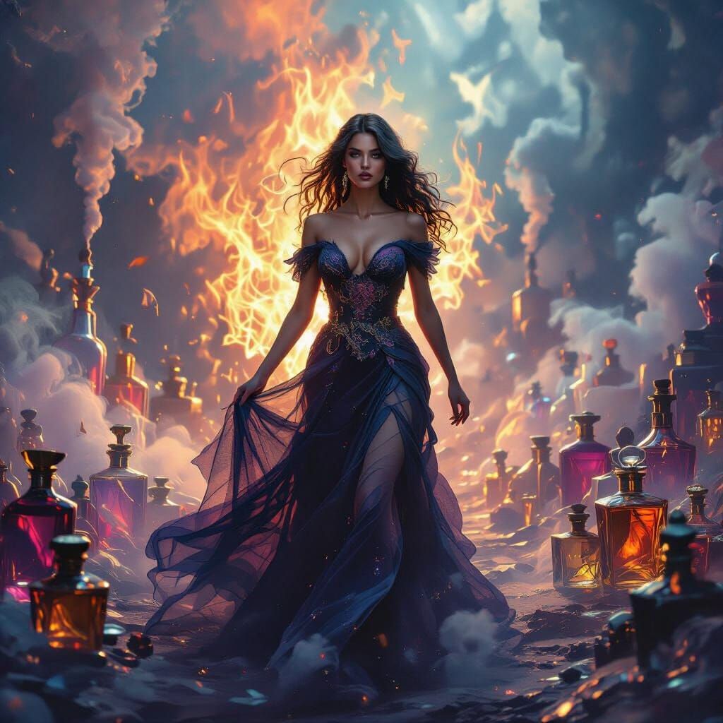 Mysterious Woman Emerges Triumphant from Fiery Perfume Vista