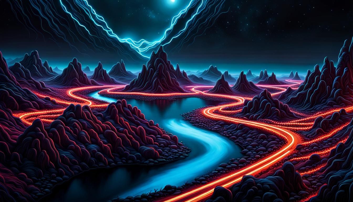 Eerie Landscape with Neon Lights in Liquid Metal