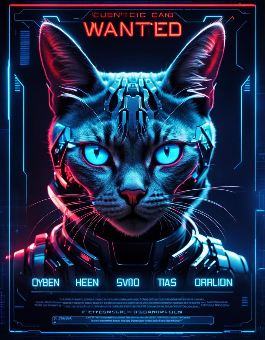 Futuristic Cybernetic Cat Wanted Poster in Cyberpunk Style