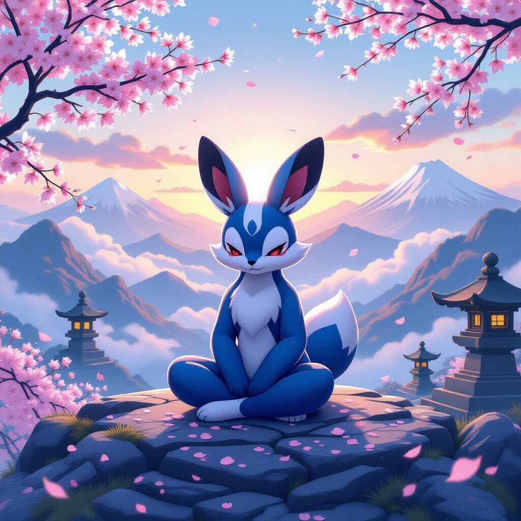 Riolu Meditating at Sunrise in Japanese Art Style