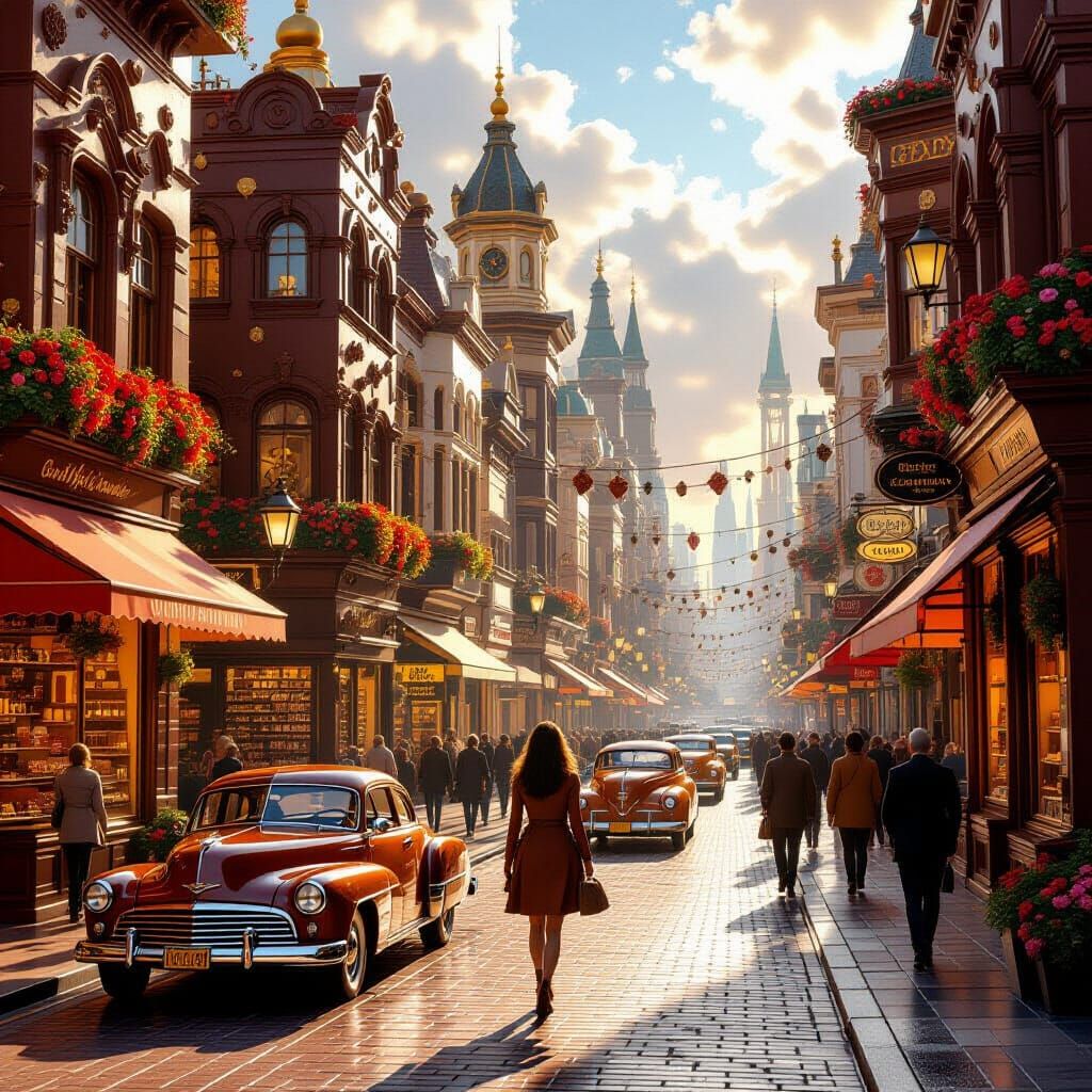 Chocolate City Street Scene in Hyperrealistic Style