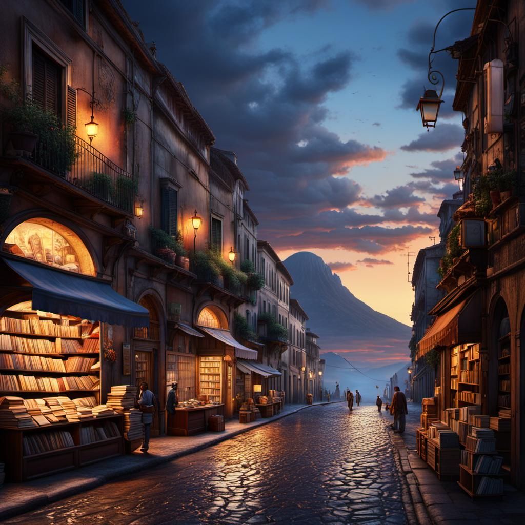 Naples Street with Booksellers at Sunset: Detailed Matte Pai...