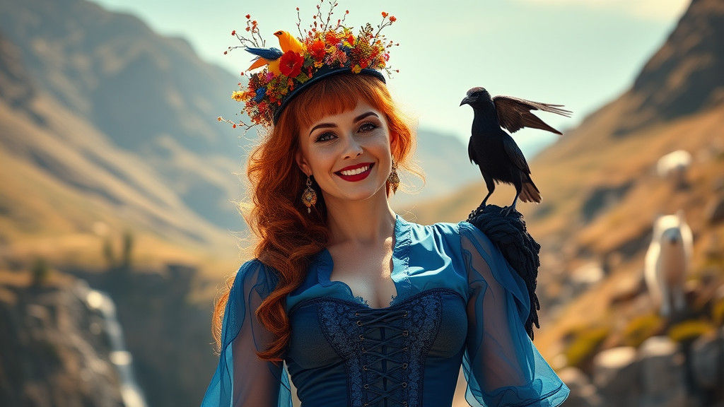 Elegant Woman with Red Hair in Mountain Landscape