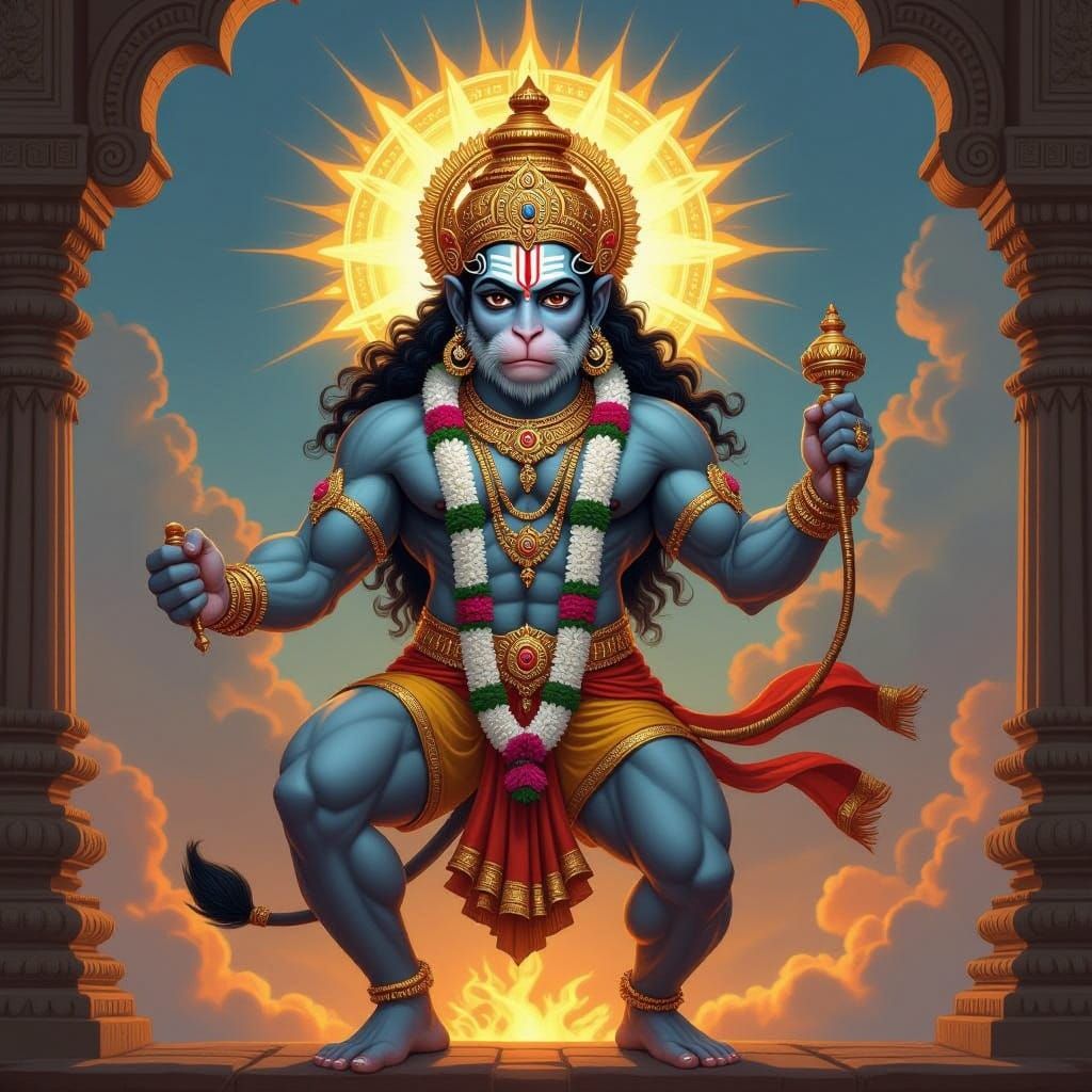 Majestic Hanuman in Dynamic Pose with Divine Aura