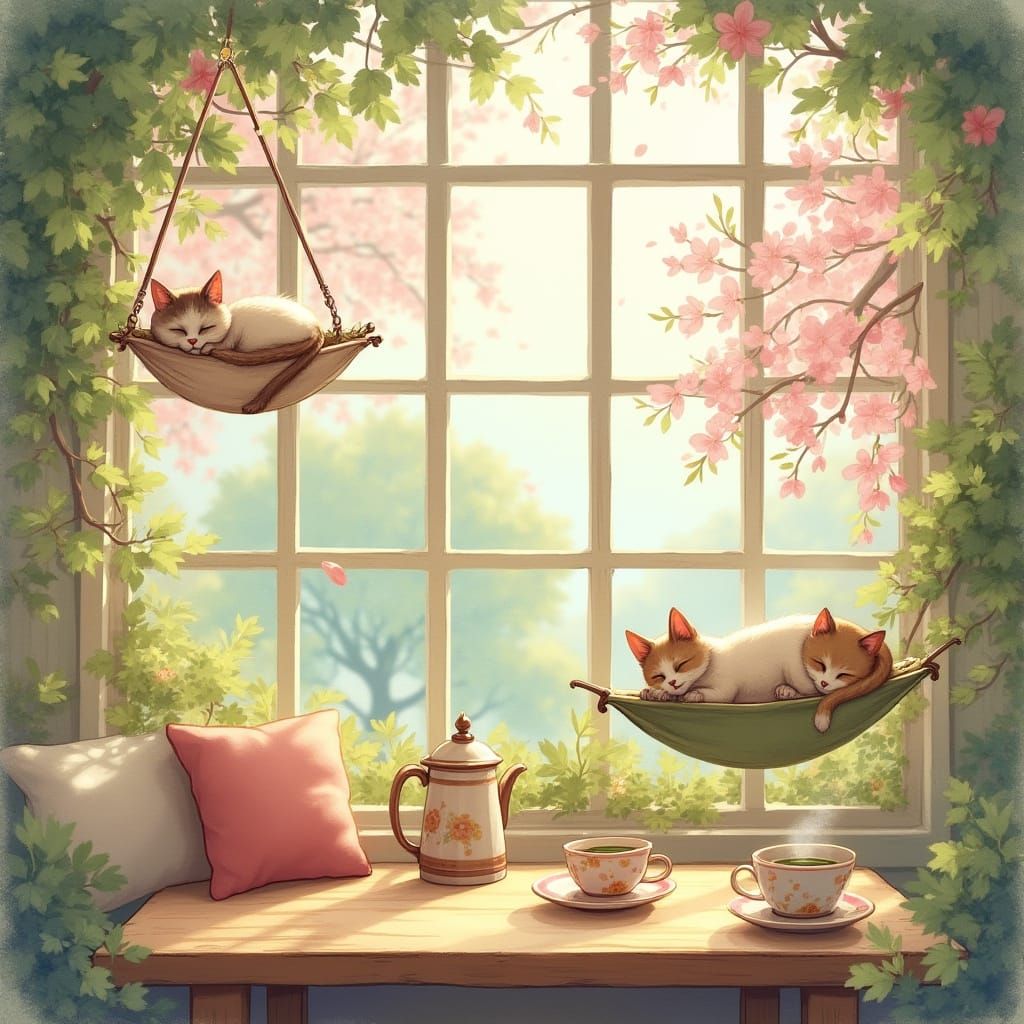 Whimsical Cat Café in Soft Pastel Hues