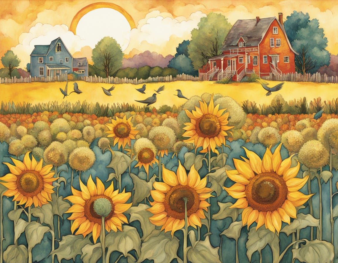Whimsical Sunflower Meadow at Sunset in Watercolor Style